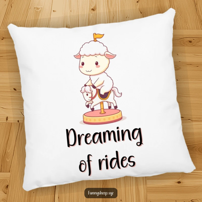 Funny sheep pillow showcasing a cheerful sheep character gleefully riding a spinning carousel horse, bringing playful comfort and joy.
