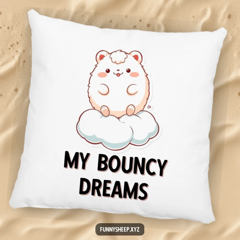 Funny Pillow: A fluffy, round animal character playfully bouncing on a cloud, offering cozy comfort and whimsical charm.