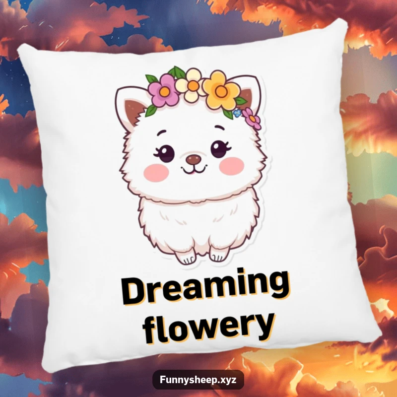 Funny Pillow: A happy, fluffy animal character wearing a flower crown, offering cozy comfort and bohemian charm.