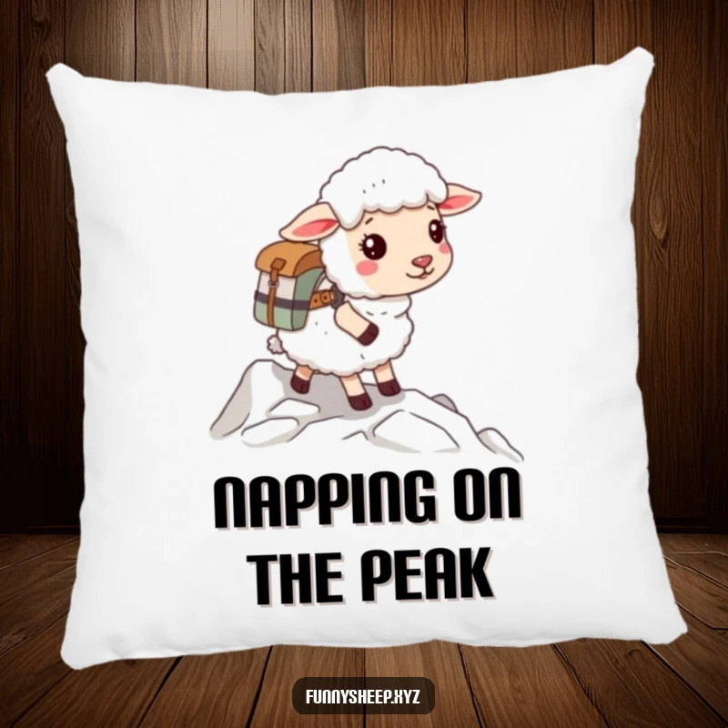 Funny sheep pillow depicting a fluffy sheep with a backpack starting an adventurous climb, a cozy symbol of exploration.