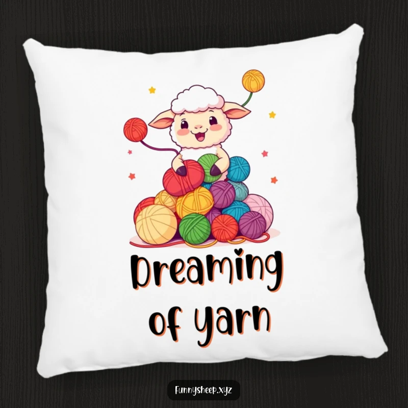 Funny Sheep Pillow featuring a happy character juggling yarn balls, soft and humorous comfort, ideal funny gift.