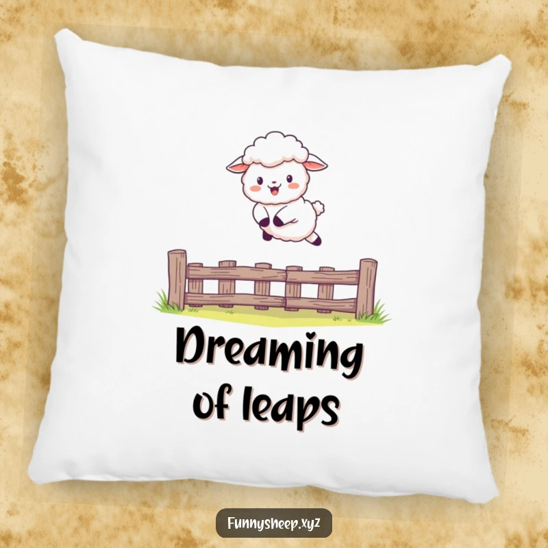 Funny Sheep Pillow featuring a joyful character leaping over a fence, soft and humorous, ideal funny gift.