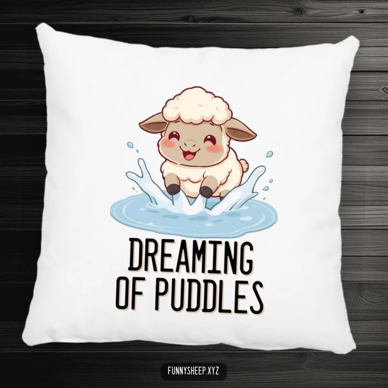 Funny sheep pillow depicting a fluffy sheep gleefully splashing in a puddle, sending water flying, a cozy playful theme.