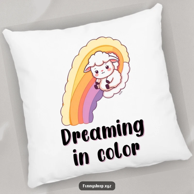 Funny Sheep Pillow with a playful sheep character sliding down a wool rainbow, providing comfort and cheerful vibes.