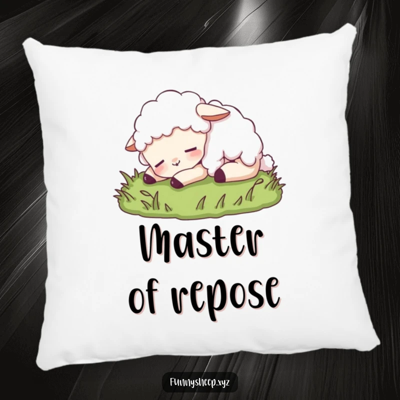 Funny sheep pillow with a content sheep character peacefully napping on soft grass, offering comfort and humorous relaxation.