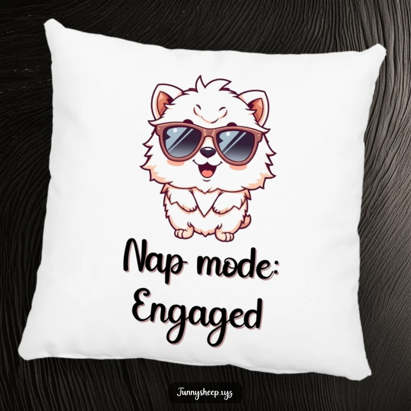 Funny pillow showcasing a giggling, fluffy animal character wearing oversized sunglasses, adding a touch of cool humor to any seating.