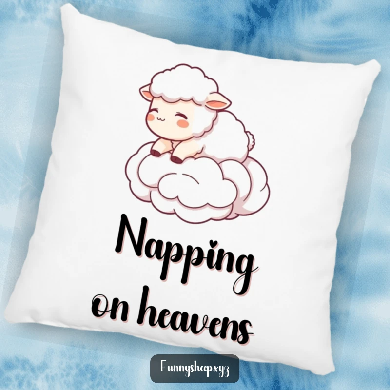 Funny Sheep Pillow featuring a character floating on a wool cloud, soft and humorous comfort, ideal funny gift.