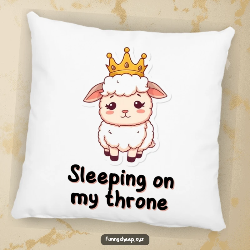 Funny sheep pillow depicting a fluffy sheep wearing a tiny crown, looking regal yet slightly bewildered, a cozy royal theme.