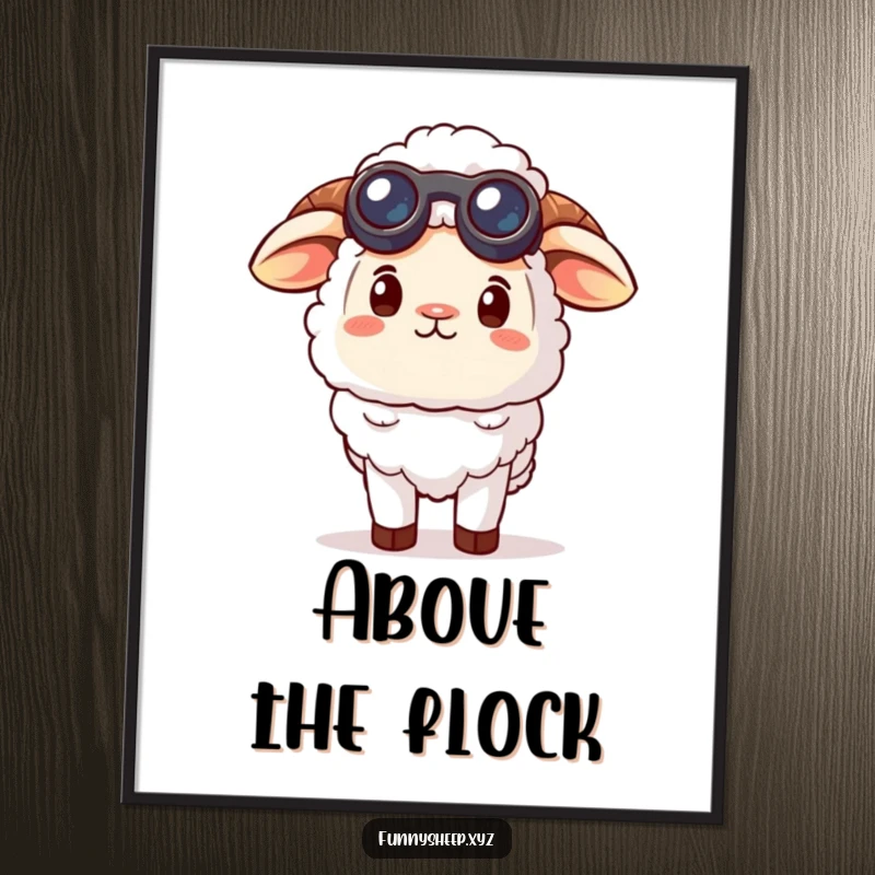 Funny curious sheep digital art print showing a sheep character wearing tiny binoculars, looking up at the sky with a sense of wonder.