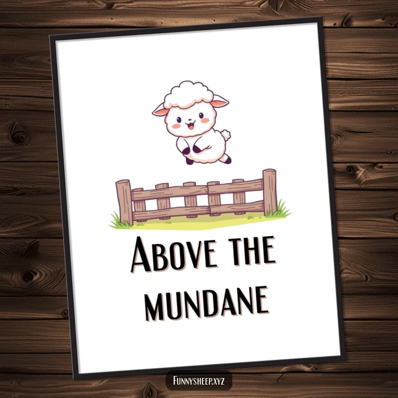 Funny Sheep Digital Art Print with a character leaping over a fence, joyful and humorous decor, instant funny gift.