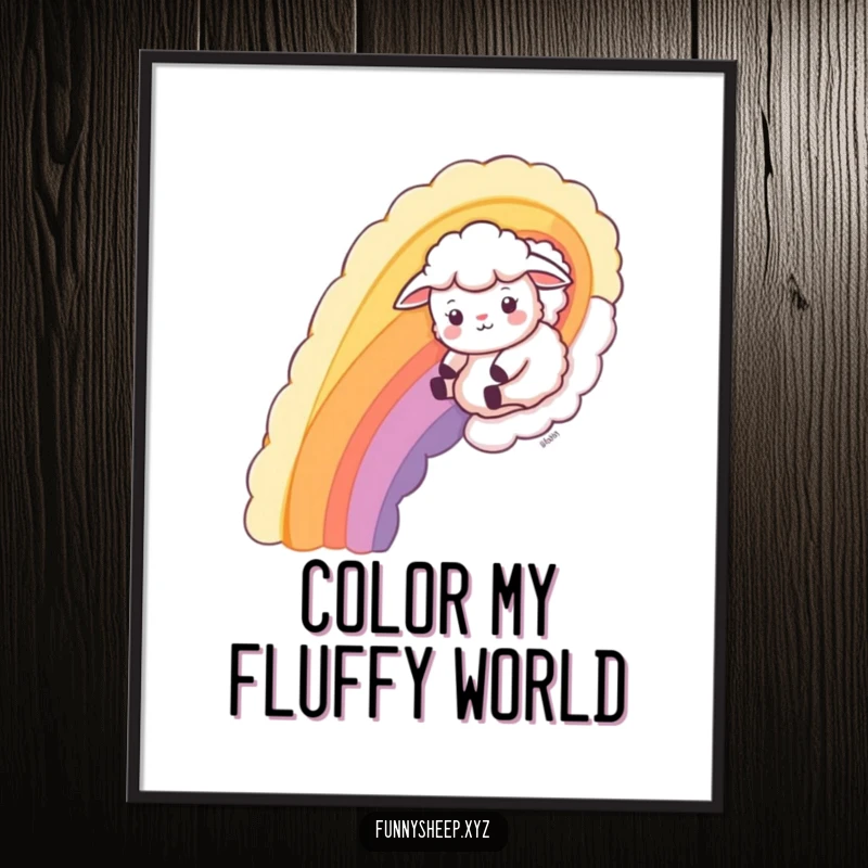 Funny Sheep Digital Art Print of a playful sheep character sliding down a colorful rainbow made of wool, joyful.