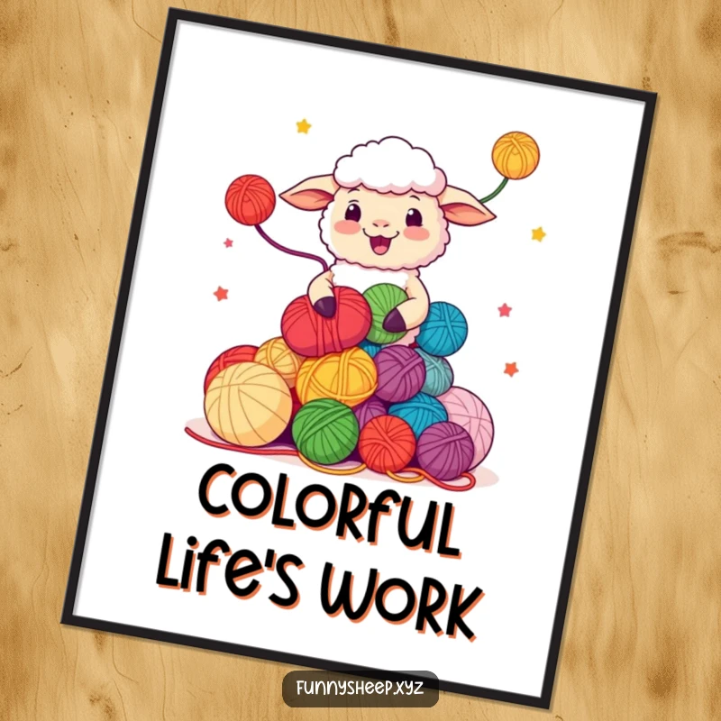 Funny Sheep Digital Art Print with a character juggling yarn balls, playful and humorous decor, instant funny gift.