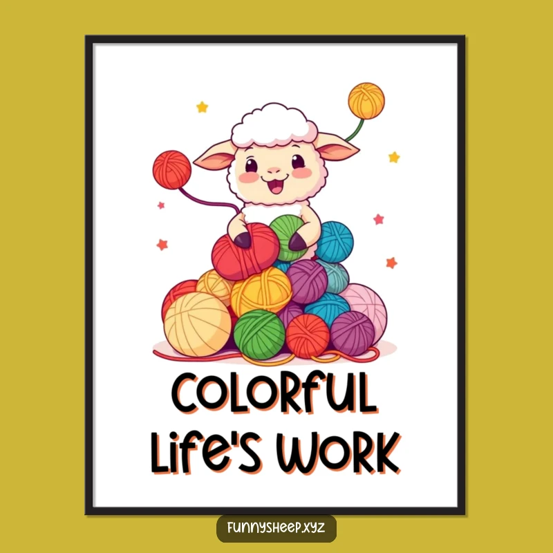 Funny Sheep Juggling Yarn Digital Art: Playful Decor, Instant Funny Gift Download