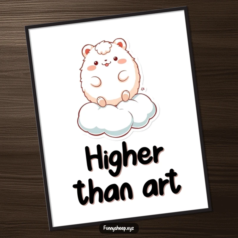 Funny Digital Art Print: A fluffy, round animal character playfully bouncing on a cloud, ready for instant download and display.