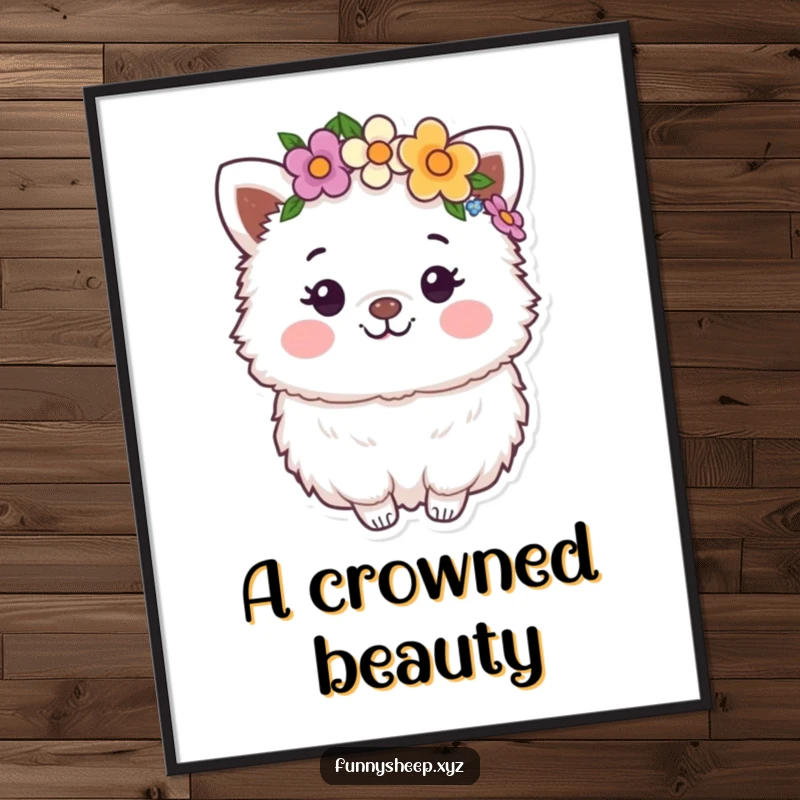 Funny Digital Art Print: A happy, fluffy animal character wearing a flower crown, ready for instant download and display.