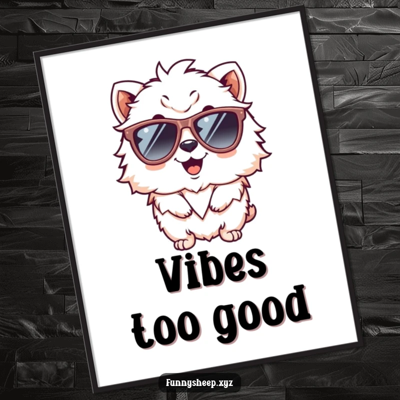 Funny digital art print of a giggling, fluffy animal character wearing trendy oversized sunglasses, radiating happiness and cool.