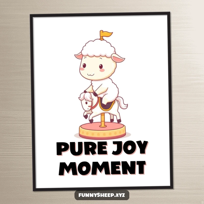 Funny sheep digital art print of a cheerful sheep character joyfully riding a spinning carousel horse, a burst of whimsical delight.