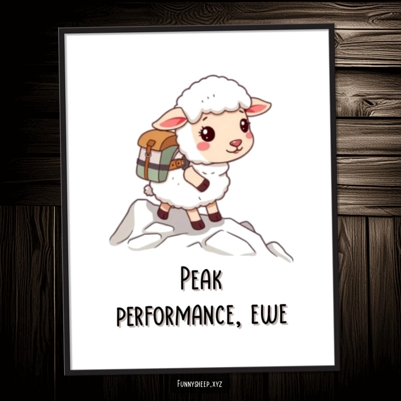 Funny sheep digital art print of a fluffy sheep with a backpack starting an adventurous climb, a humorous exploration scene.