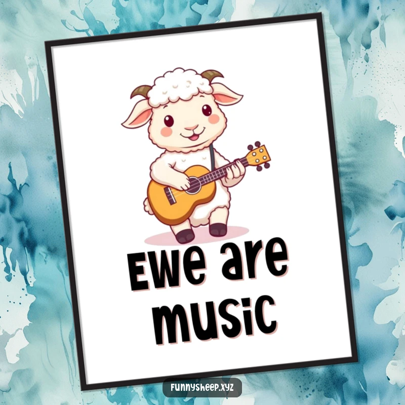 Funny sheep digital art print of a fluffy sheep playing a small ukulele with its hooves, a humorous musical illustration.