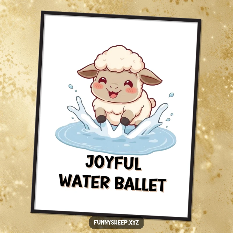 Funny sheep digital art print of a fluffy sheep gleefully splashing in a puddle, sending water flying, a humorous depiction of joy.