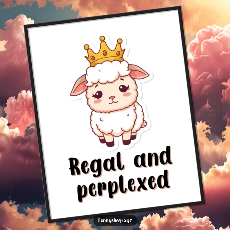 Funny sheep digital art print of a fluffy sheep wearing a small crown, looking regal and confused, a humorous royal illustration.