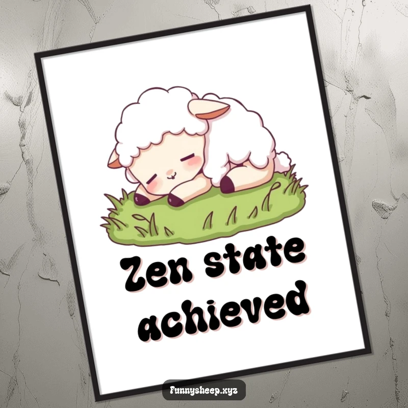 Funny sheep digital art print of a content sheep character peacefully napping on soft grass, bringing serene and humorous vibes.