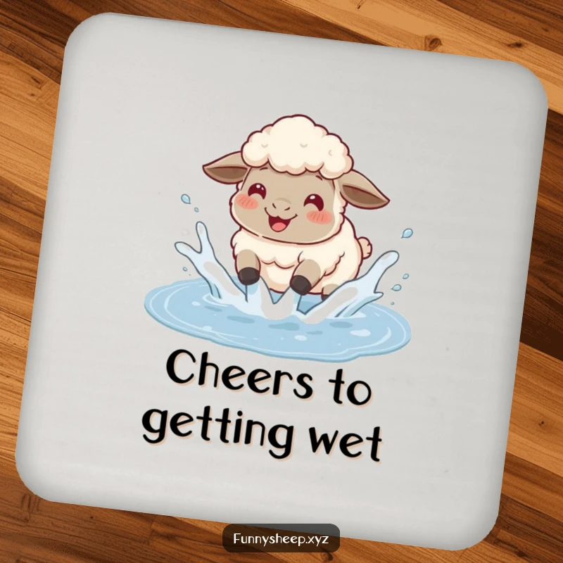 Funny sheep puddle coaster showing a fluffy sheep gleefully splashing in water, sending droplets flying, a humorous table protector.