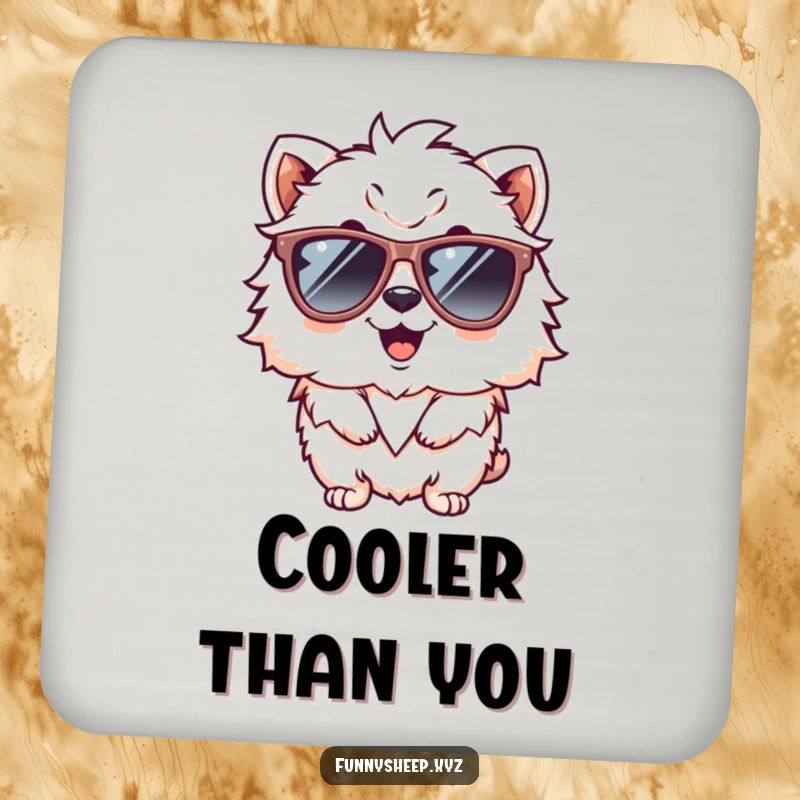 Funny coaster featuring a giggling fluffy animal character wearing oversized sunglasses, adding a humorous touch to drink service.