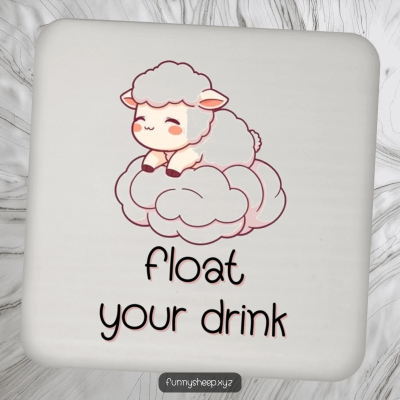 Funny Sheep Coasters featuring a character floating on a wool cloud, dreamy and protective, ideal funny gift.