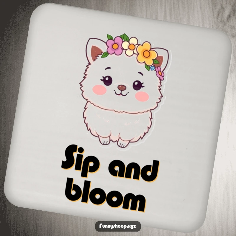 Funny Coaster: A happy, fluffy animal character wearing a flower crown, protecting surfaces with bohemian charm.
