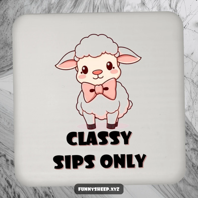 Funny Sheep Coaster with a silly sheep character wearing a giant oversized bowtie, great for protecting surfaces.