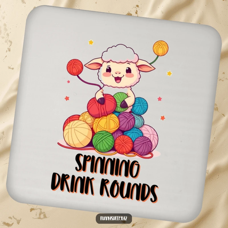 Funny Sheep Coasters featuring a character juggling yarn balls, playful and protective, ideal funny gift.