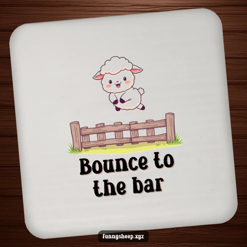 Funny Sheep Coasters featuring a character leaping over a fence, playful and protective, ideal funny gift.