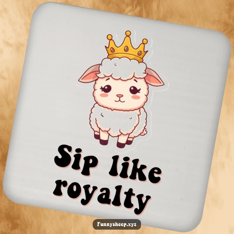Funny sheep royalty coaster showing a fluffy sheep wearing a tiny crown, looking regal and confused, a humorous table protector.
