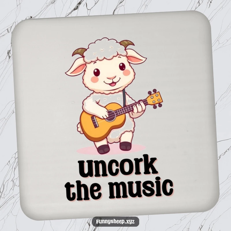 Funny sheep ukulele coaster featuring a fluffy sheep playing a tiny instrument, a humorous table protector.