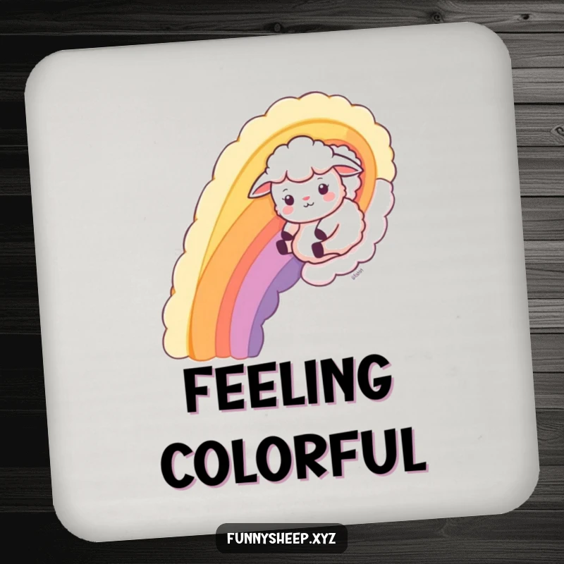 Funny Sheep Coaster with a playful sheep sliding down a wool rainbow, great for protecting surfaces.