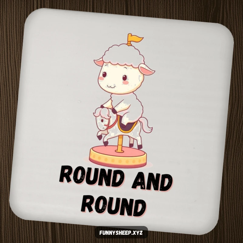 Funny sheep drink coaster featuring a cheerful sheep character riding a spinning carousel horse, adding playful protection to surfaces.
