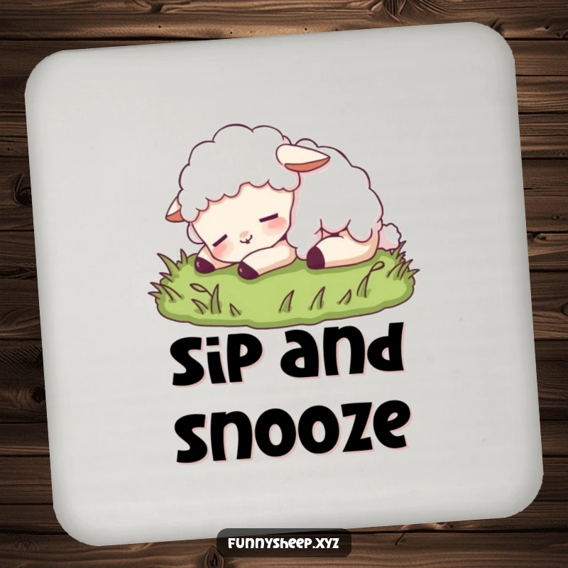 Funny sheep drink coaster featuring a content sheep character peacefully napping on grass, offering humorous protection for surfaces.
