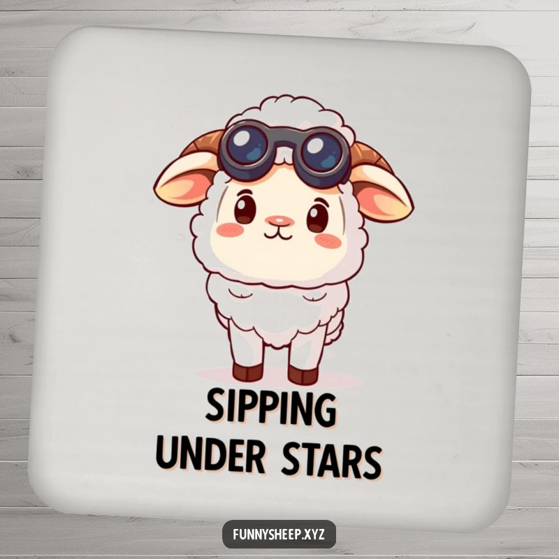 Funny curious sheep drink coaster featuring a sheep character wearing tiny binoculars, looking up at the sky, protecting surfaces with humor.