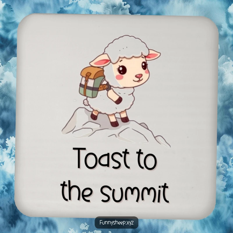 Funny sheep climber coaster showing a fluffy sheep with a backpack starting an adventurous climb, a humorous table protector.