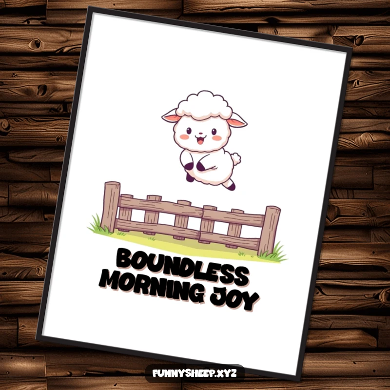 Funny Sheep Poster depicting a character joyfully leaping over a fence, uplifting and humorous wall art, perfect funny gift.