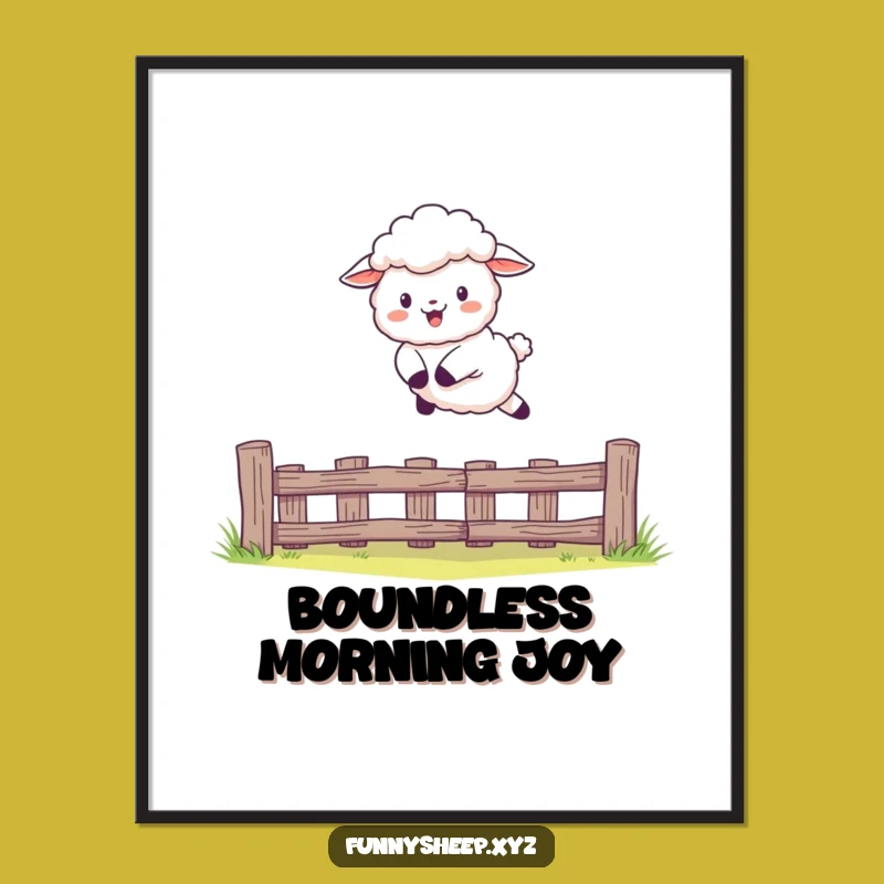 Funny Sheep Leaping Fence Poster: Joyful Wall Decor, Wonderful Funny Gift