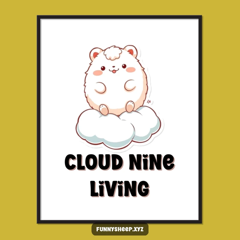 Funny Cloud Animal Poster: Fluffy Character Bouncing on Cloud Art, Whimsical Gift