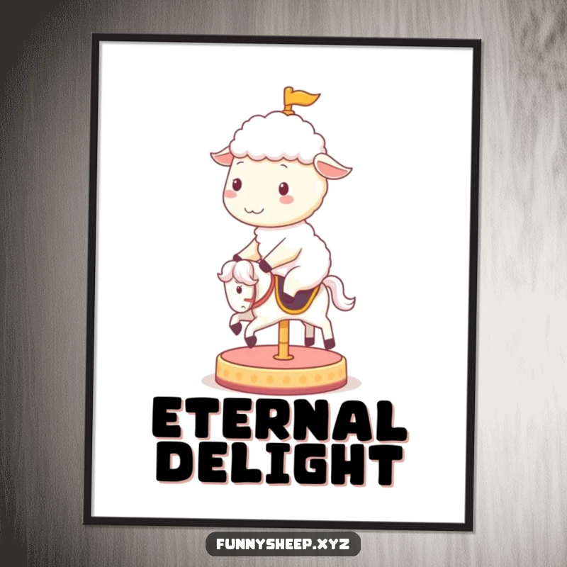 Funny sheep poster illustrating a happy sheep character joyfully riding a spinning carousel horse, capturing the essence of childhood delight.