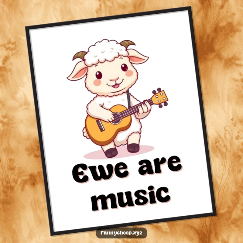 Funny sheep poster showing a fluffy sheep with woolly hooves attempting to play a tiny ukulele, a humorous musical performance.