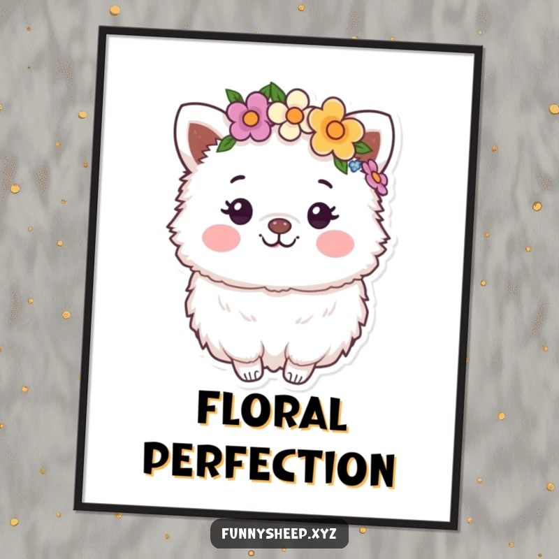 Funny Poster: A happy, fluffy animal character wearing a flower crown, creating charming boho-inspired wall art.