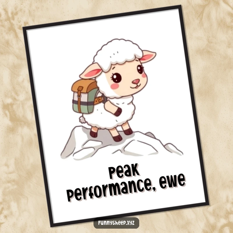 Funny sheep poster of a fluffy sheep with a backpack embarking on an adventurous mountain climb, a symbol of exploration.
