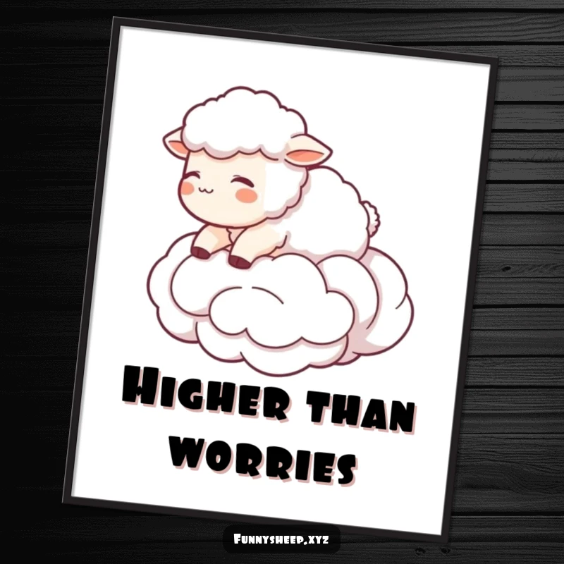 Funny Sheep Poster depicting a character floating on a wool cloud, serene and humorous wall art, perfect funny gift.