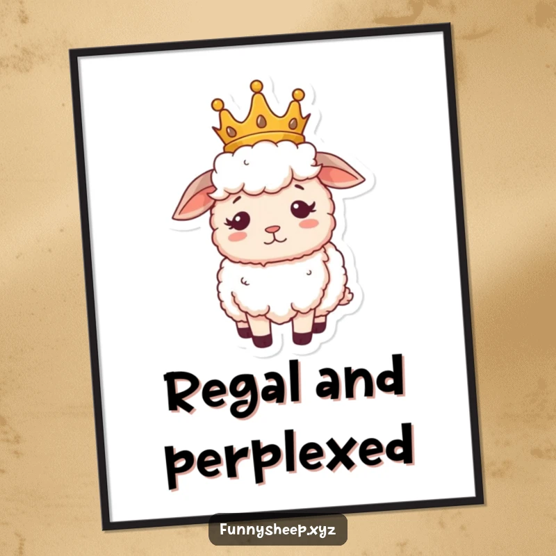 Funny sheep poster of a fluffy sheep wearing a small crown, looking regal and slightly confused, a humorous royal portrait.