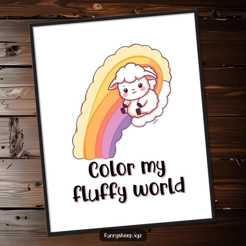 Funny Sheep Poster of a playful sheep character sliding down a colorful rainbow made from wool, full of delight.